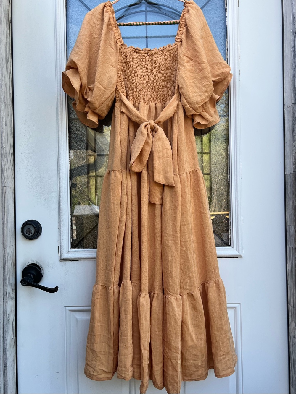 Peach Tiered Midi Dress with Puff Sleeves and Self-Tie Waist - Picture 7 of 7